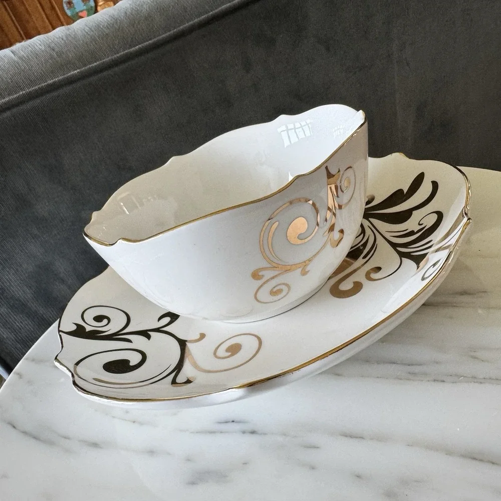 Pier 1 Elegant Gold Scroll Set ~ White Bowl & Plate With Gold Scrolling Accents